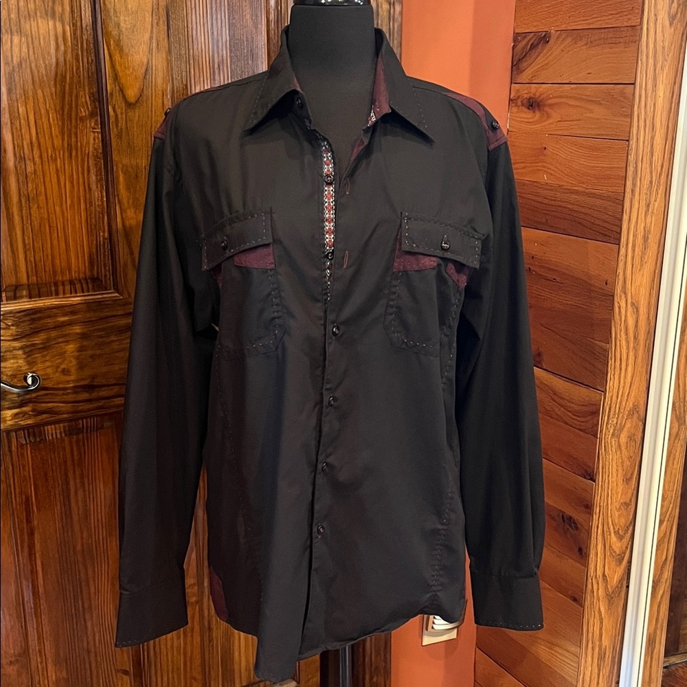 Men's Black and Burgundy Long Sleeve